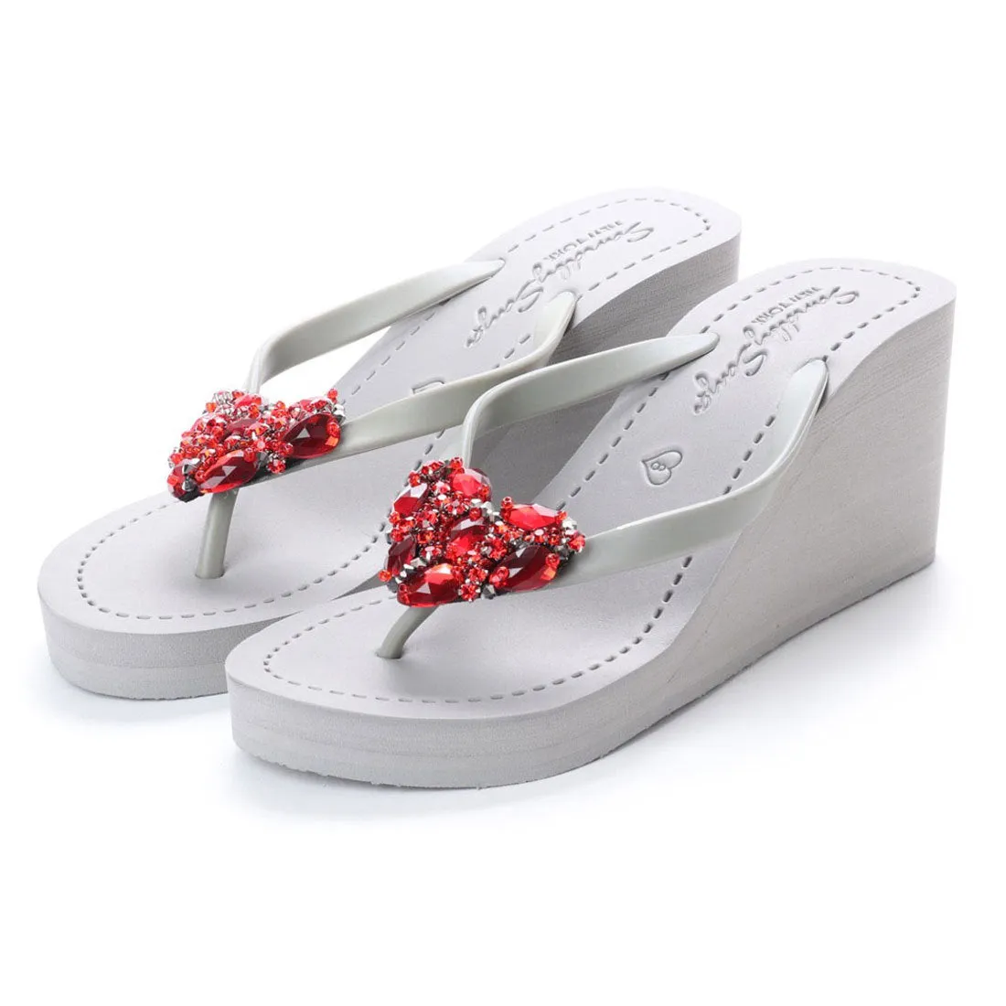 Red Heart - Rhine Stone Embellished Women's High Wedge Flip Flops Sandal