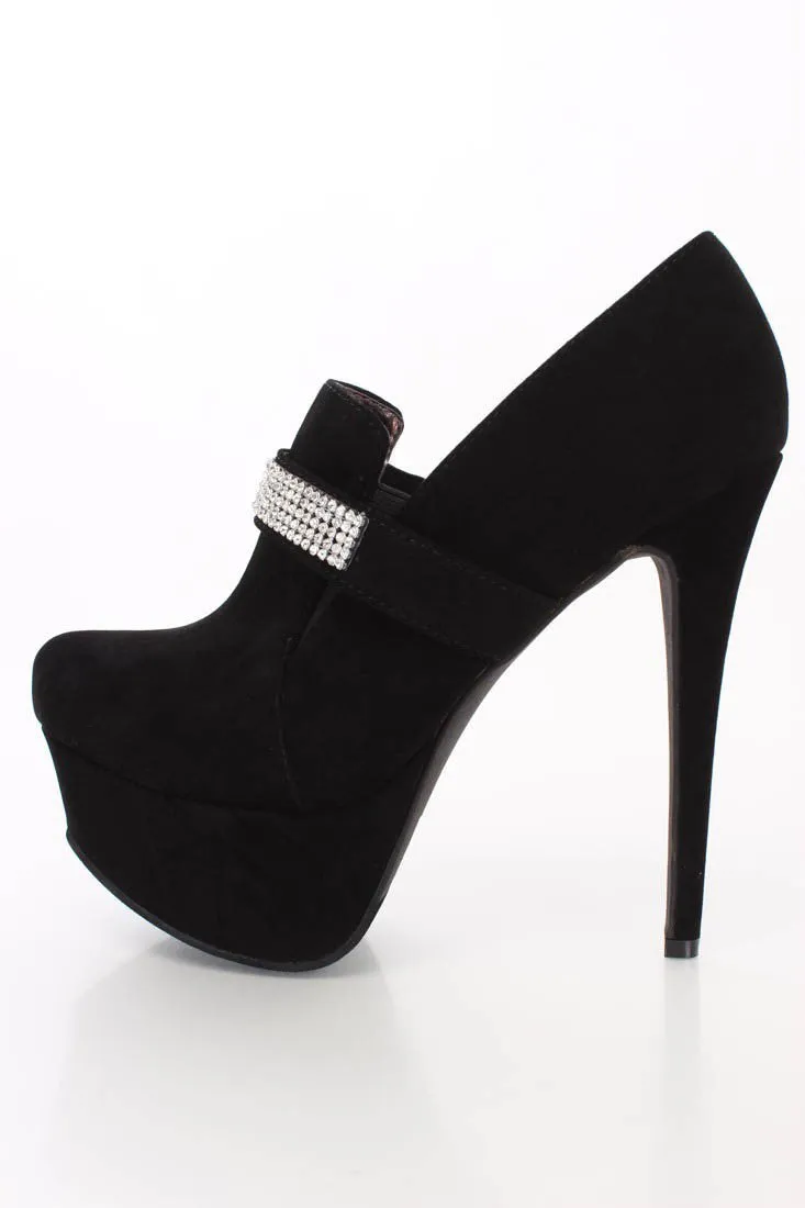 Rhinestone Platform Women's Booties Black Vegan Suede