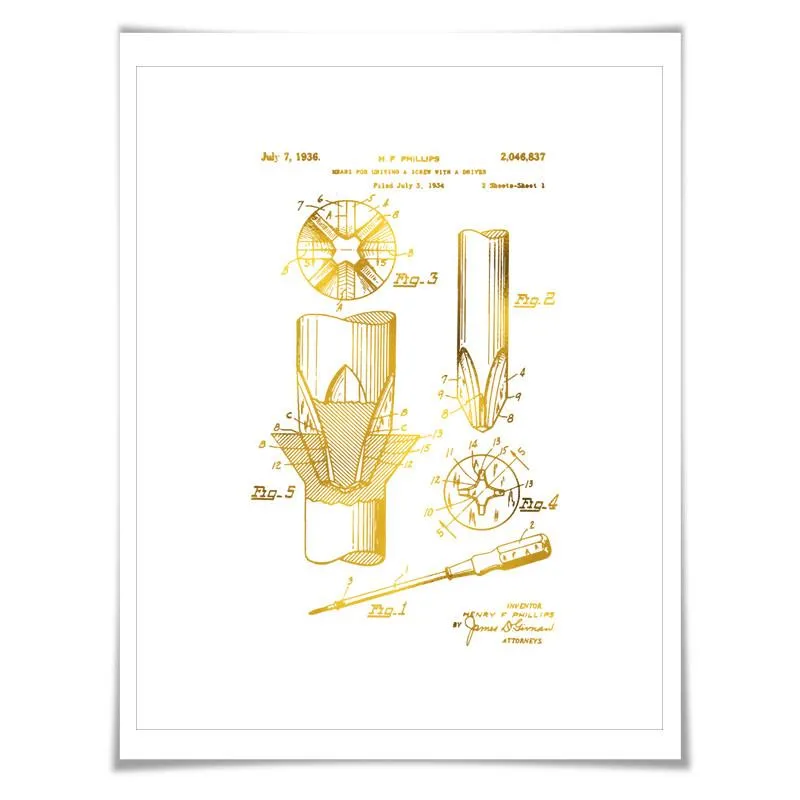 Screwdriver Gold Foil Patent Illustration. 7 Foil Colours. Tool Poster. Carpenter Construction Art