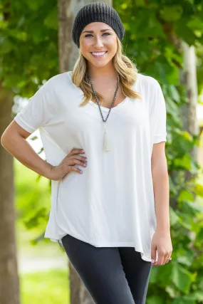 Short Sleeve V-Neck Piko Top - White