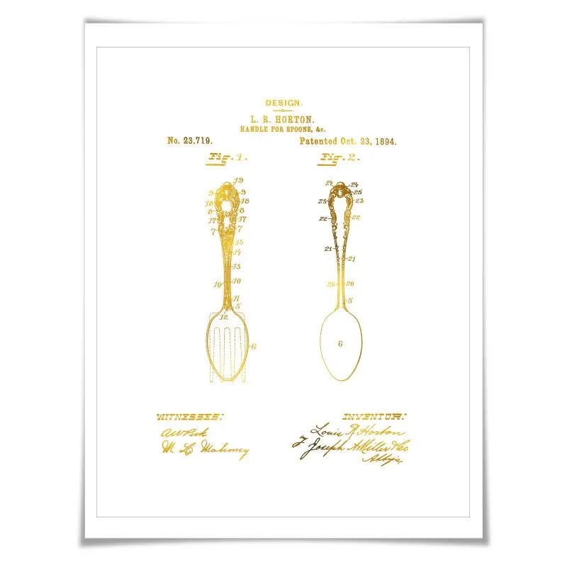 Spoon Patent Drawing Illustration Gold Foil Art Print. 7 Foil Colours. Vintage Poster Cooking Baking Kitchen Chef