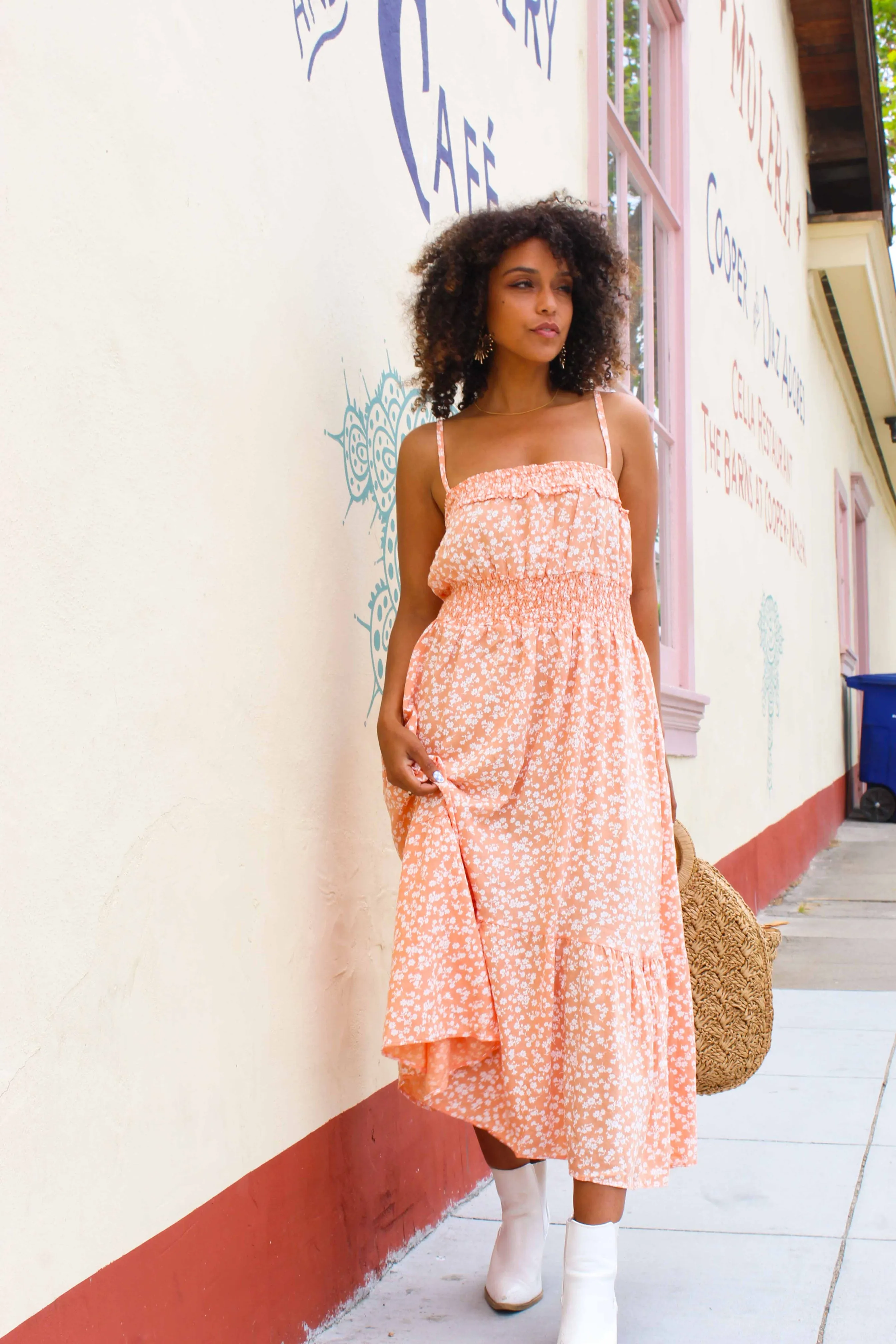 Summer Sorbet Floral Midi Dress - Peach/Ivory