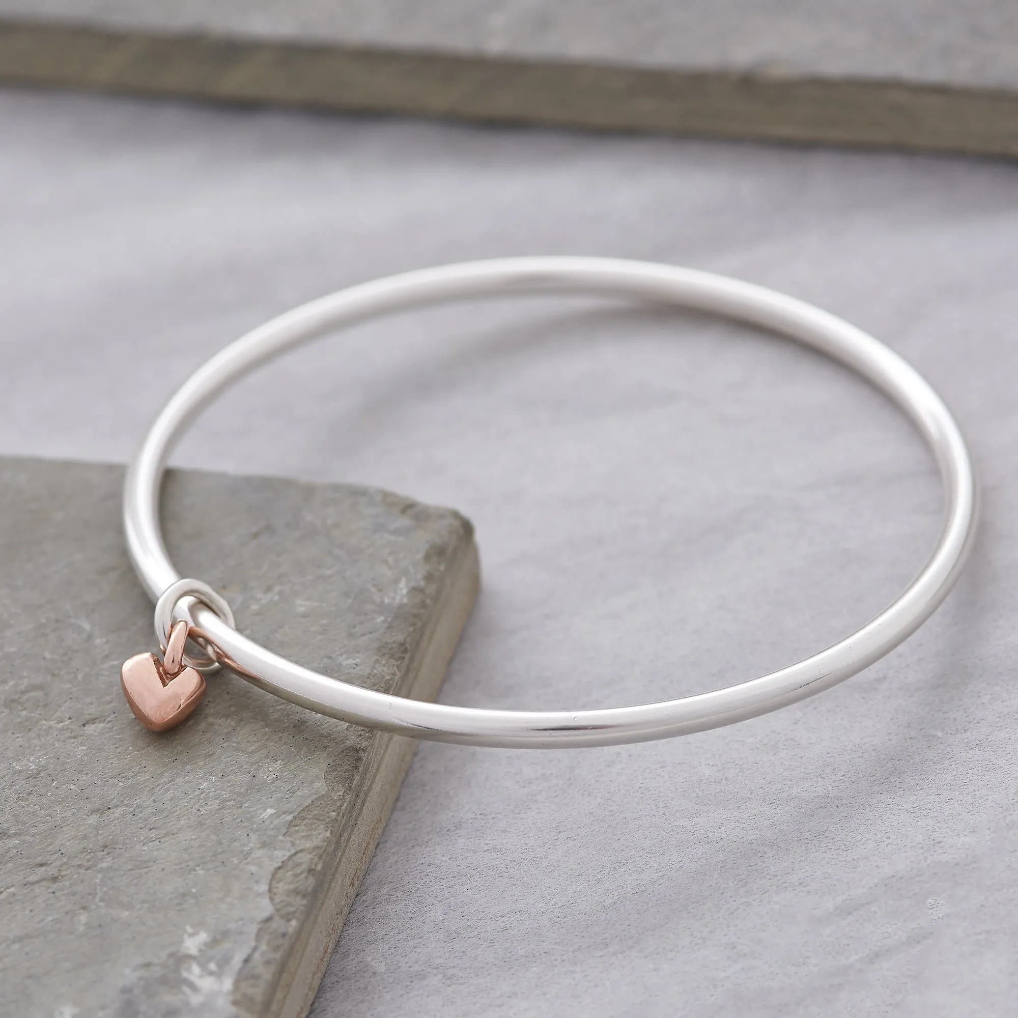 Sweetheart Silver & Rose Gold Heart Charm Bangle